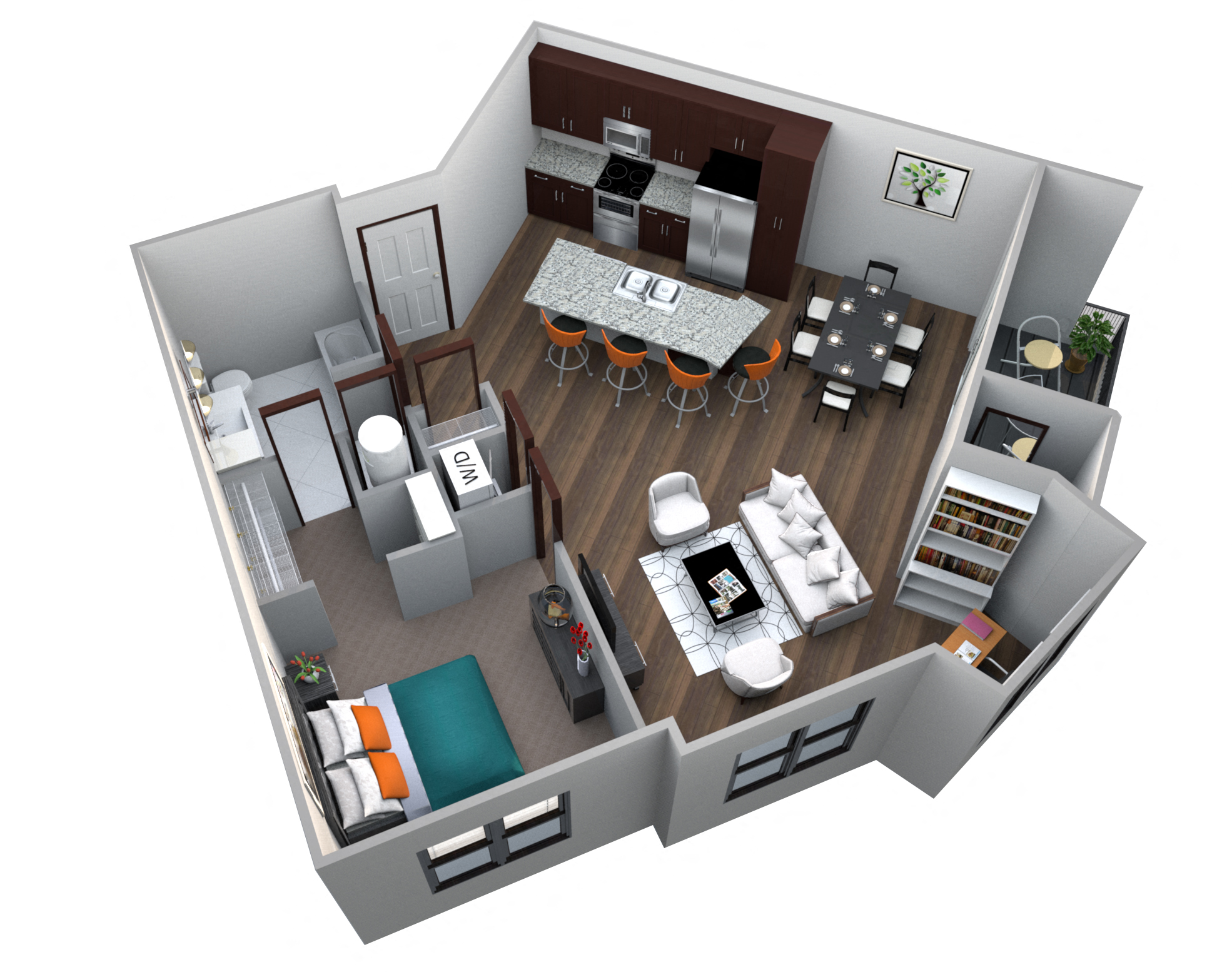 Floor plan for 1 bed, 1 bath, 1050 sqft